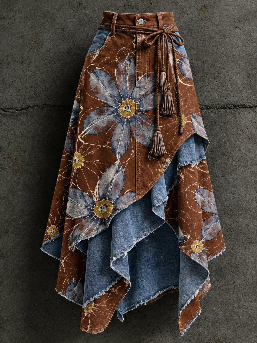Women's Retro Style Art Print Irregularly Layered Stitched Skirt